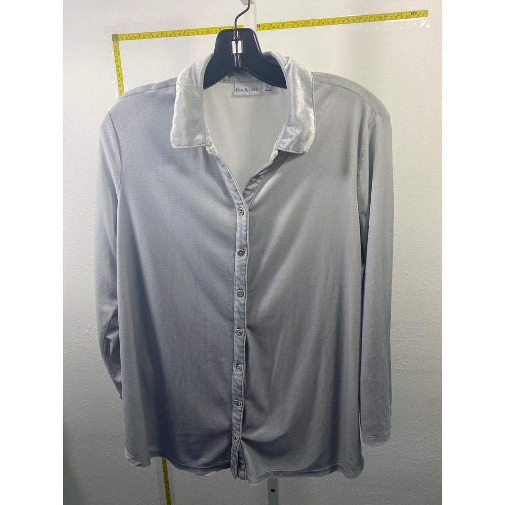 Kim Rogers Silver Metallic Shimmer Button Down Blouse Long Sleeve Top Womens L